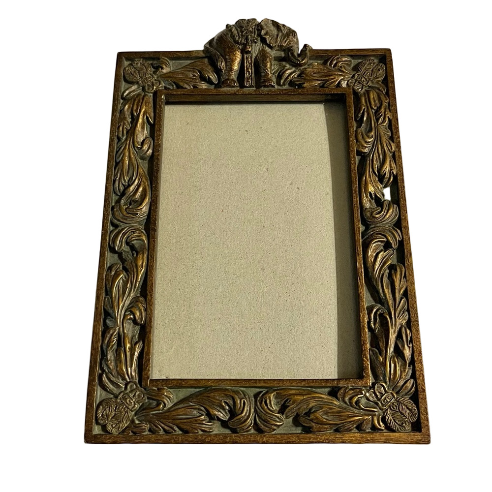 Unique boho elephant picture frame 3.5 x 5.5” site opening carved resin detail.
